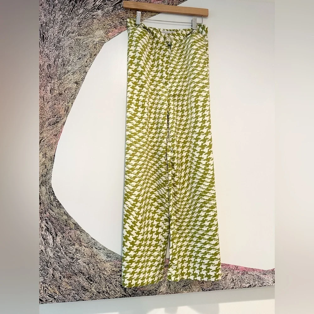 Urban Outfitters Olympia Crop Pants Mustard Green/White High Waisted Wide Leg L - Picture 2 of 7